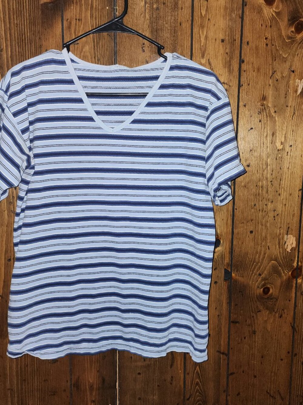 Vintage 90s Blue Striped V-Neck T-Shirt | Short Sleeve Tee